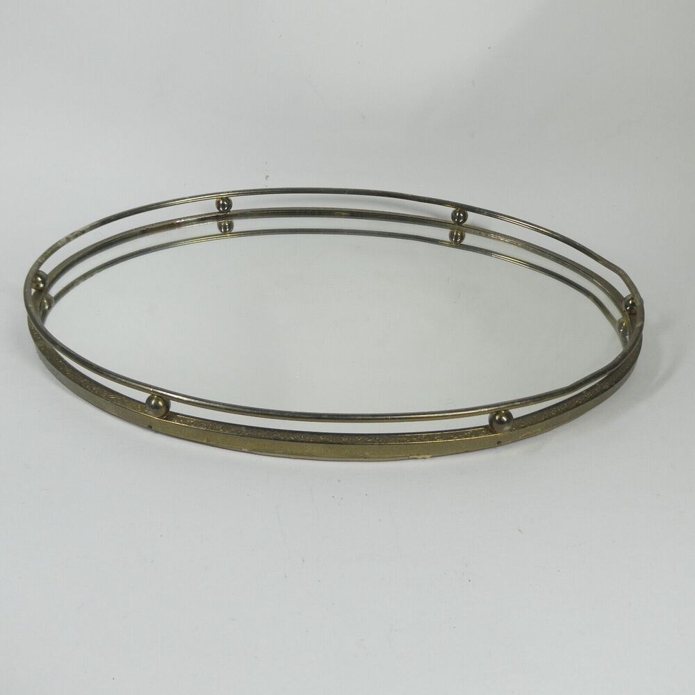 Brass Tray Mirrored Vanity Dresser Oval 13" MCM Vintage